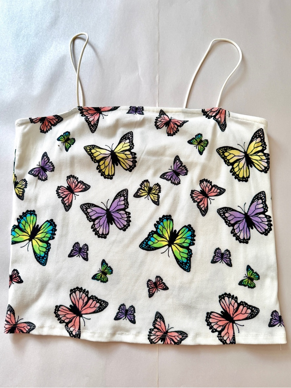 Womens Butterfly Tank top XL Spaghetti Strap Strappy Colorful Print Shirt Y2K